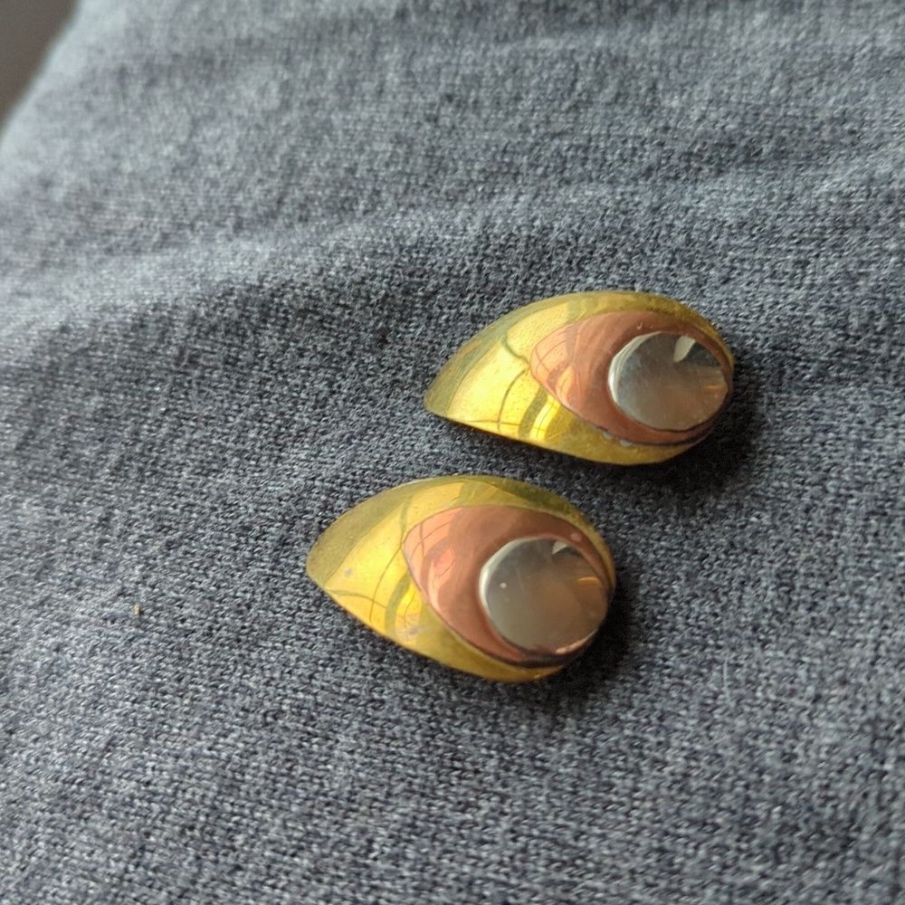 Vintage earrings metallic gold, silver copper clasp clip teardrop shaped chunky